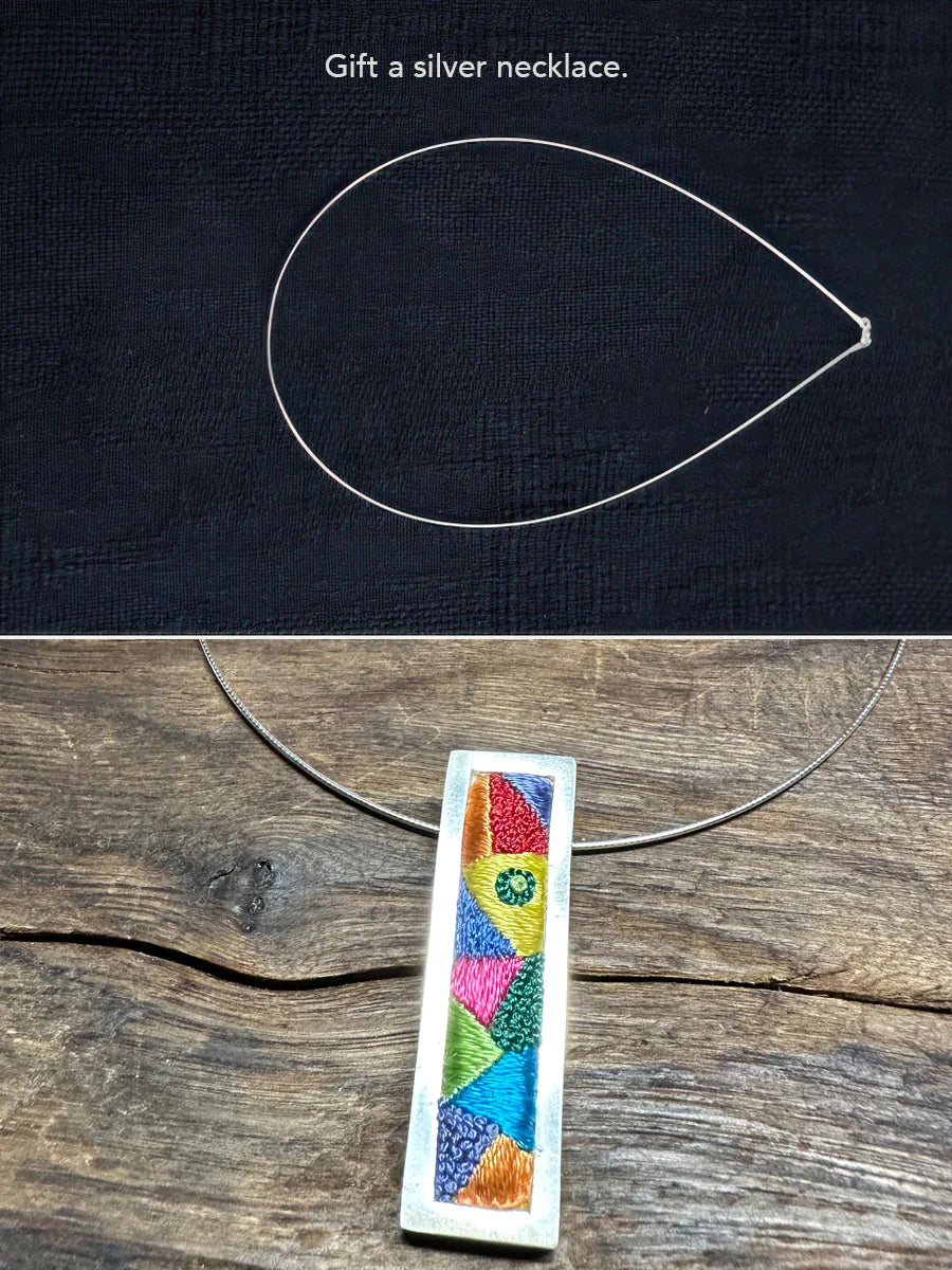 Silver Rectangular Embroidered Geometric Pendant Necklace
