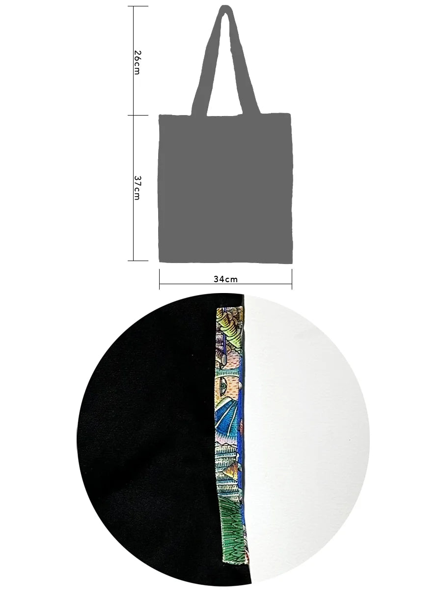 Collage Illustration Patch Canvas Bag - Black