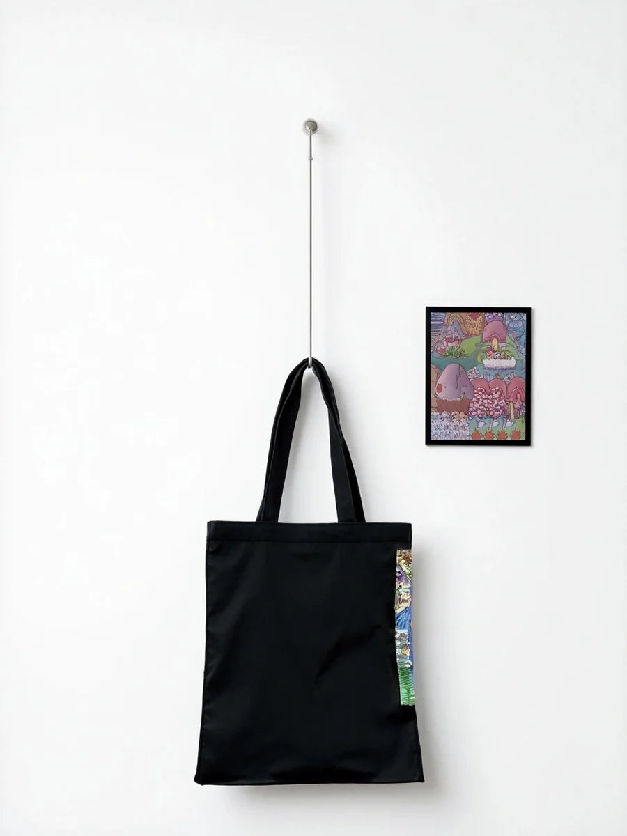 Collage Illustration Patch Canvas Bag - Black