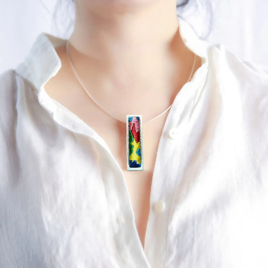 Silver Rectangular Embroidered Abstract Jungle Pendant Necklace