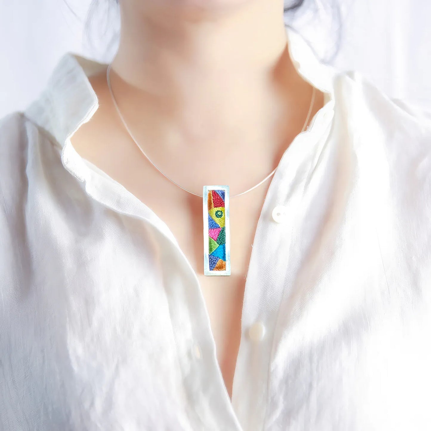 Silver Rectangular Embroidered Geometric Pendant Necklace