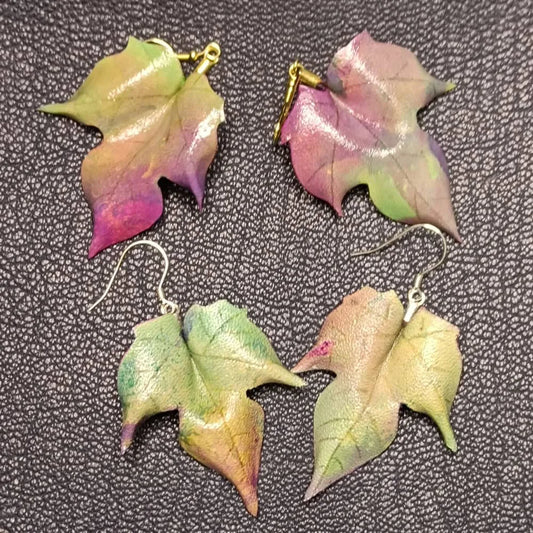 Handcrafted Leather Earrings with Hand-Dyed Sycamore Leaves - Pink