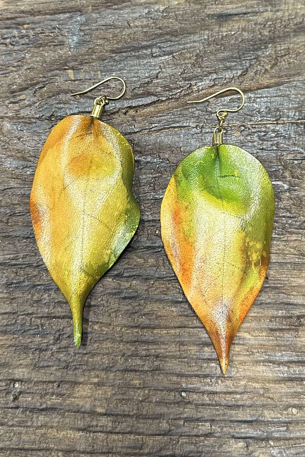 Banyan leaf handmade leather drop earrings