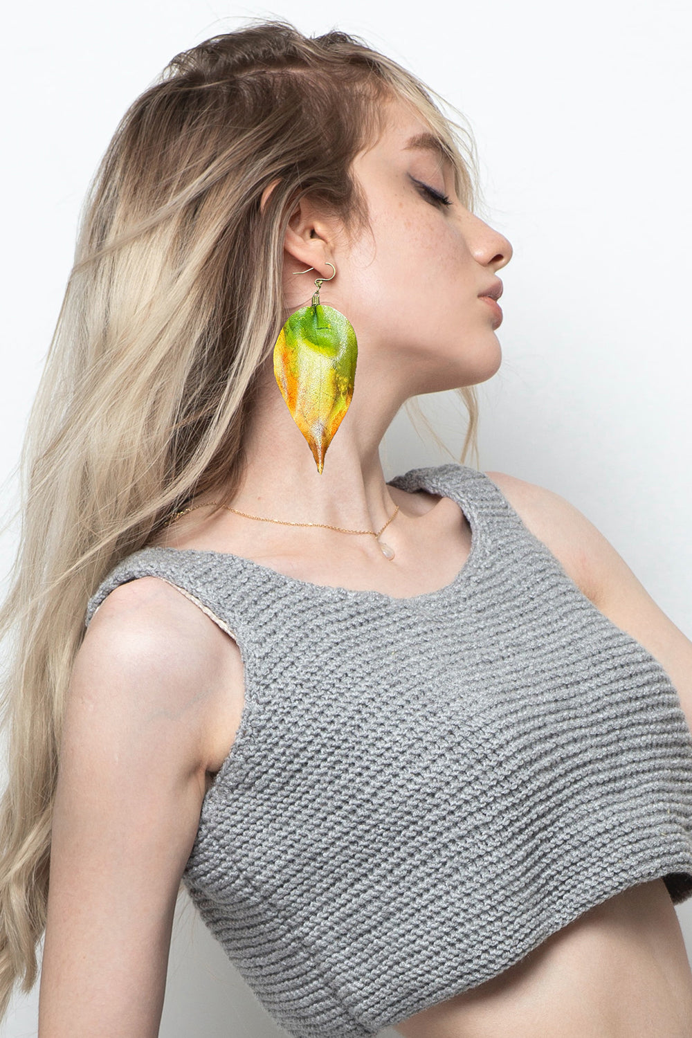 Banyan leaf handmade leather drop earrings