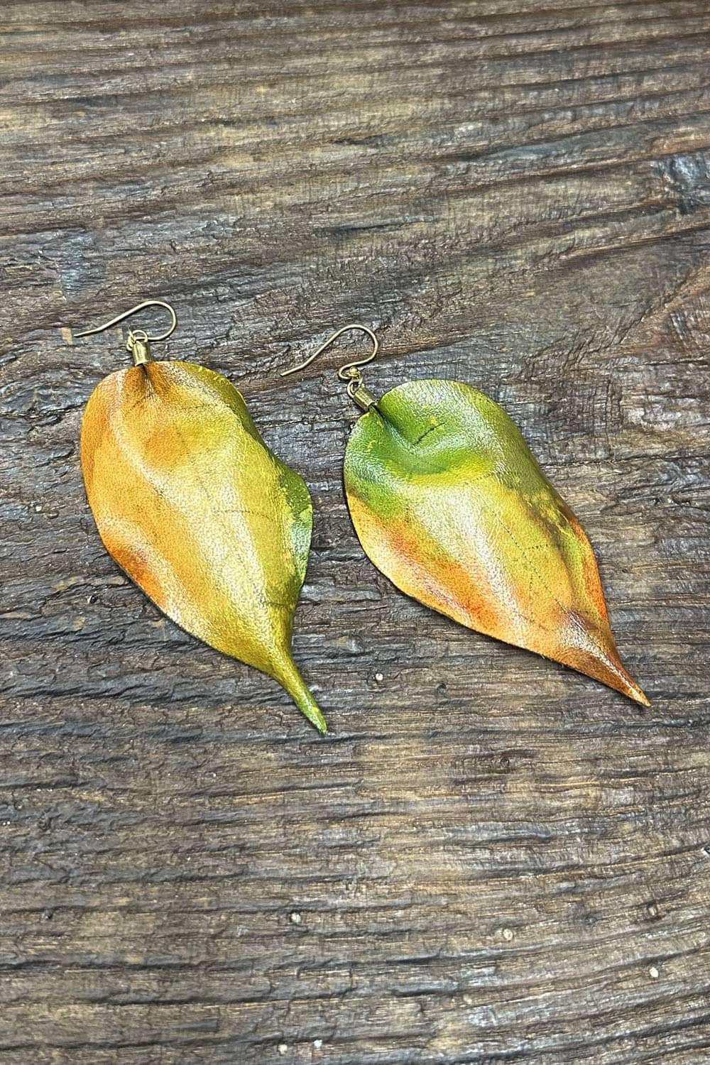 Banyan leaf handmade leather drop earrings