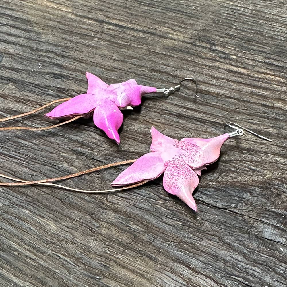 Handcrafted Violet Leather Orchid Earrings for Effortlessly Chic Style