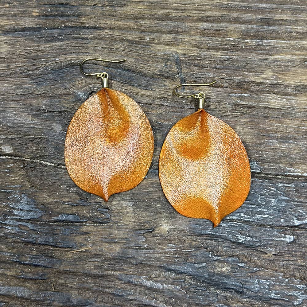 Brown leather Cotinus coggygria leaf earrings