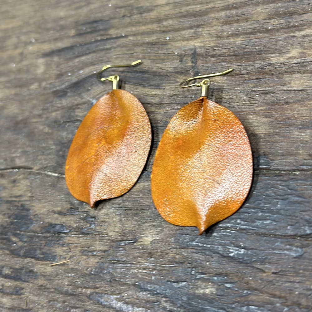 Brown leather Cotinus coggygria leaf earrings