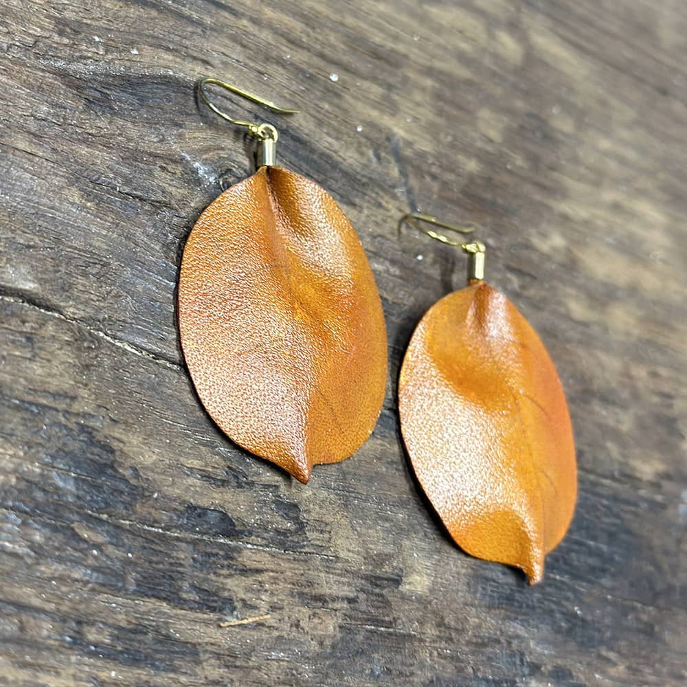 Brown leather Cotinus coggygria leaf earrings