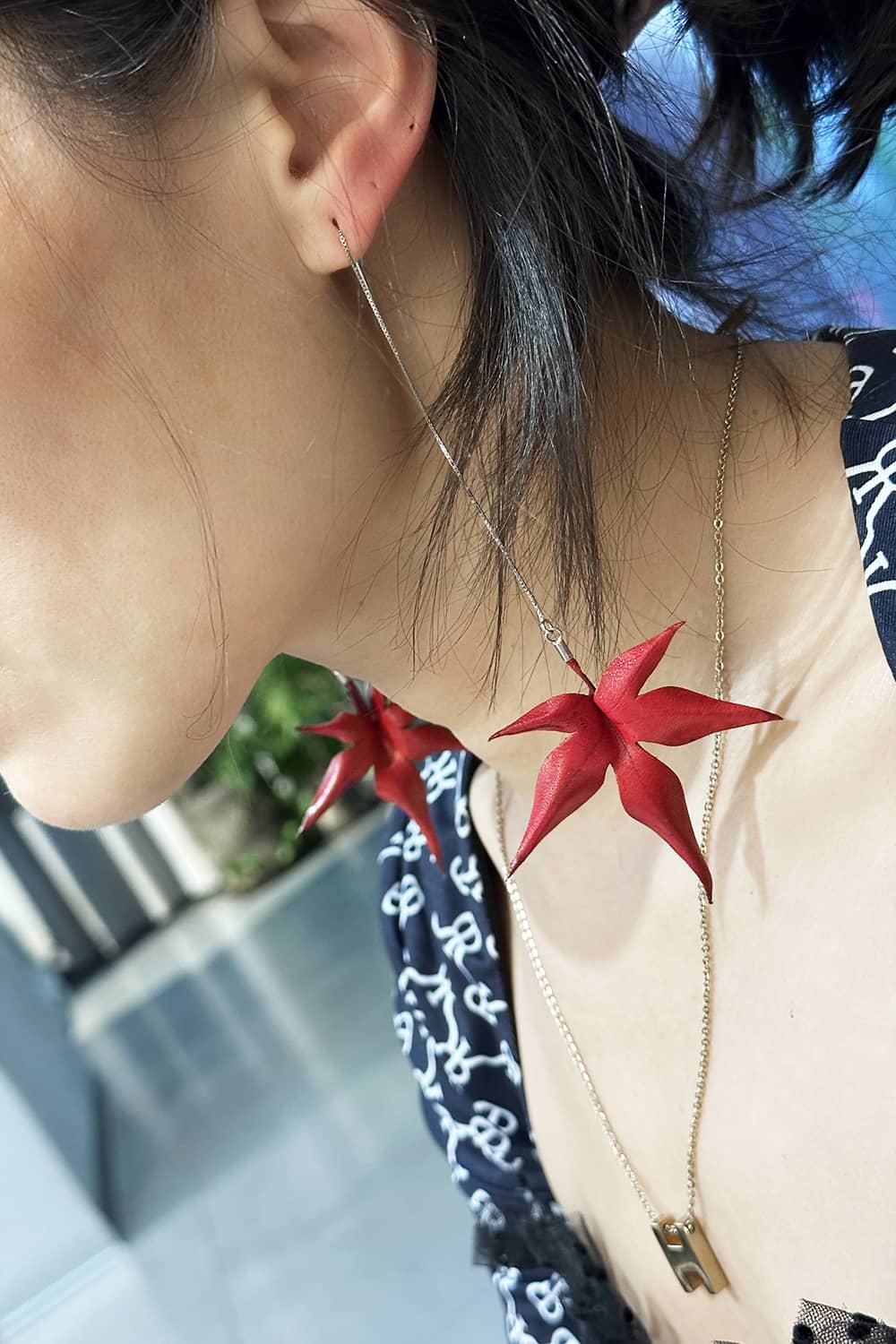 Hand-Dyed Red Maple Leaf Handmade Leather Thread-Thru Earrings