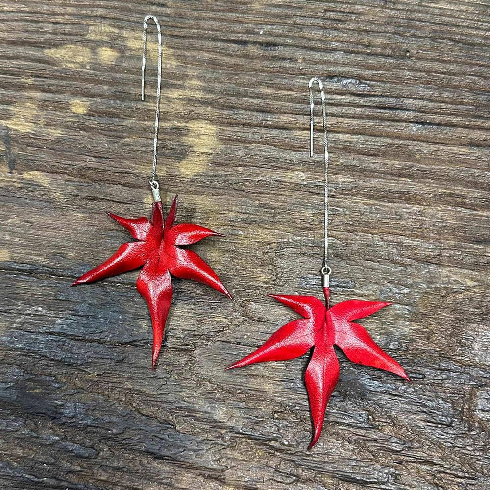 Hand-Dyed Red Maple Leaf Handmade Leather Thread-Thru Earrings