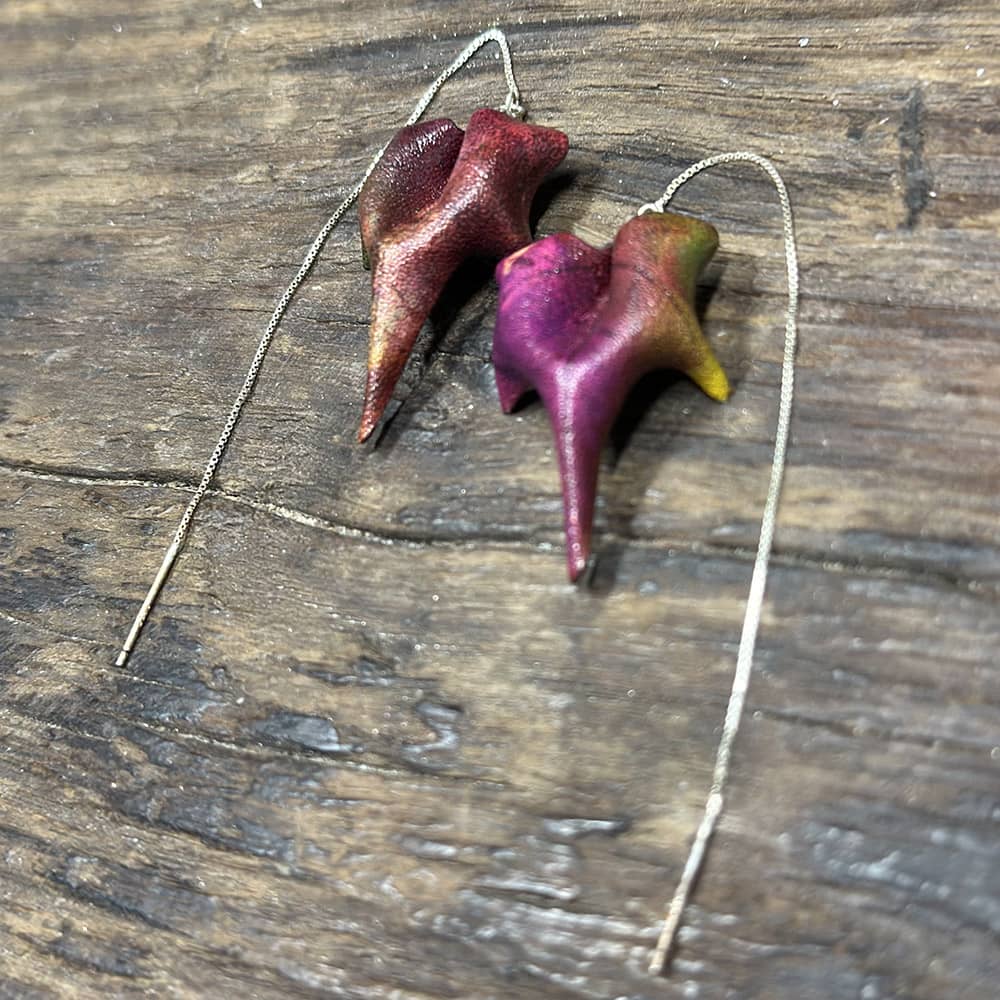 Hand-Dyed Sycamore Leaves Handmade Leather Thread-Thru Earrings - Purple