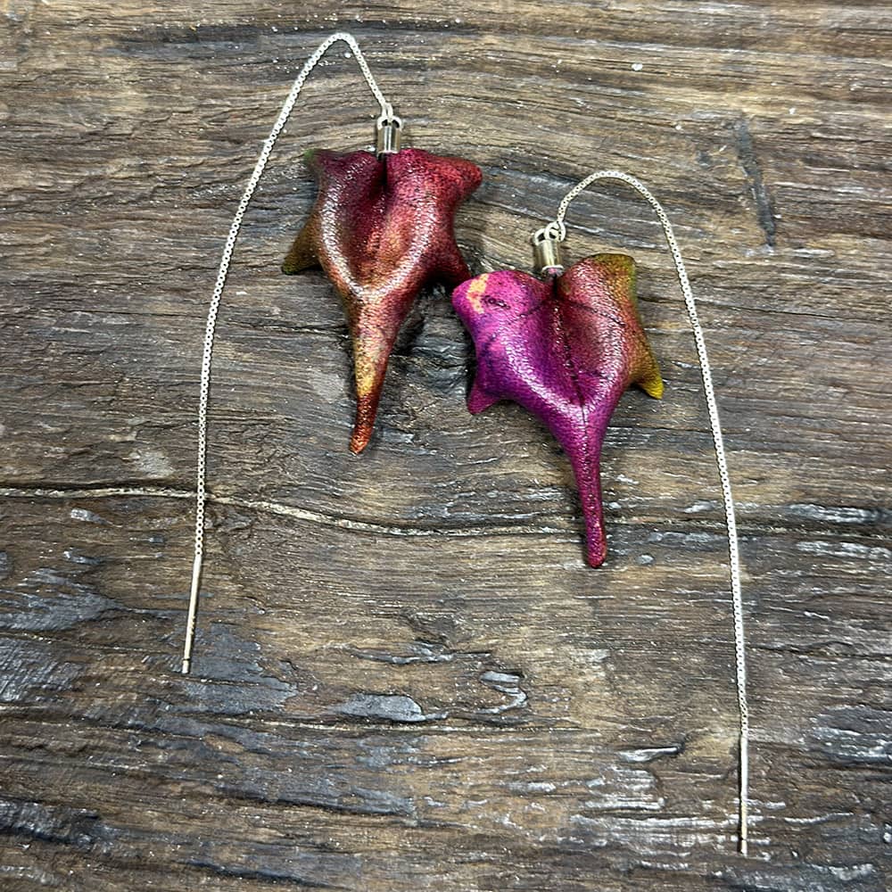 Hand-Dyed Sycamore Leaves Handmade Leather Thread-Thru Earrings - Purple