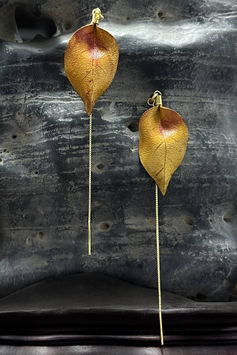 Handmade Banyan Leaf Leather Thread-Thru Earrings