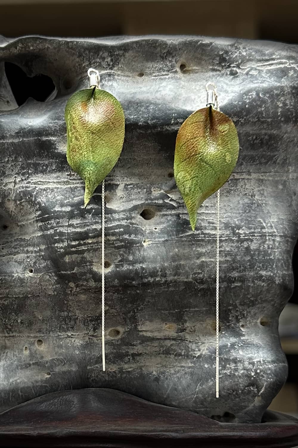 Handmade Banyan Leaf Leather Thread-Thru Earrings