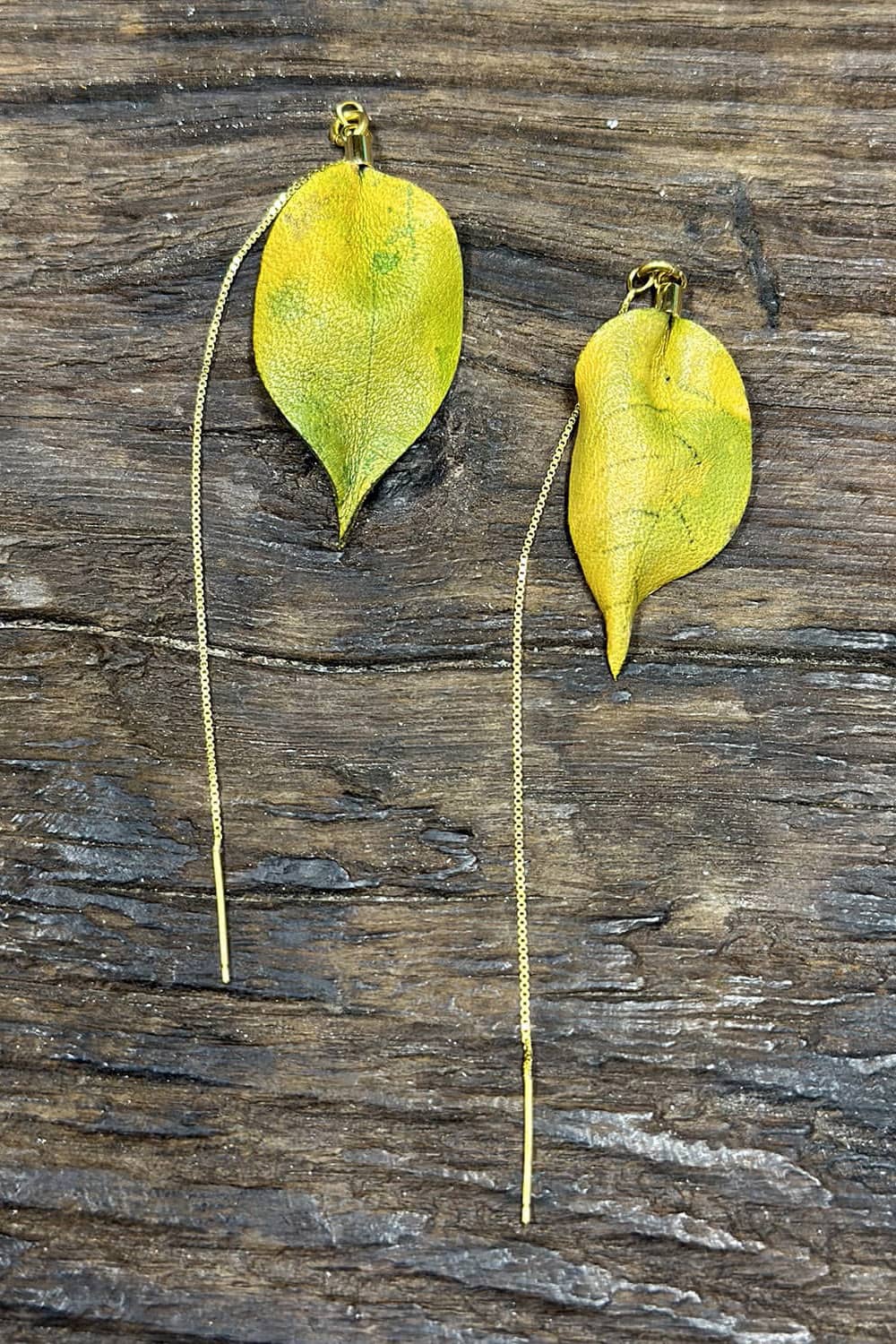 Handmade Banyan Leaf Leather Thread-Thru Earrings