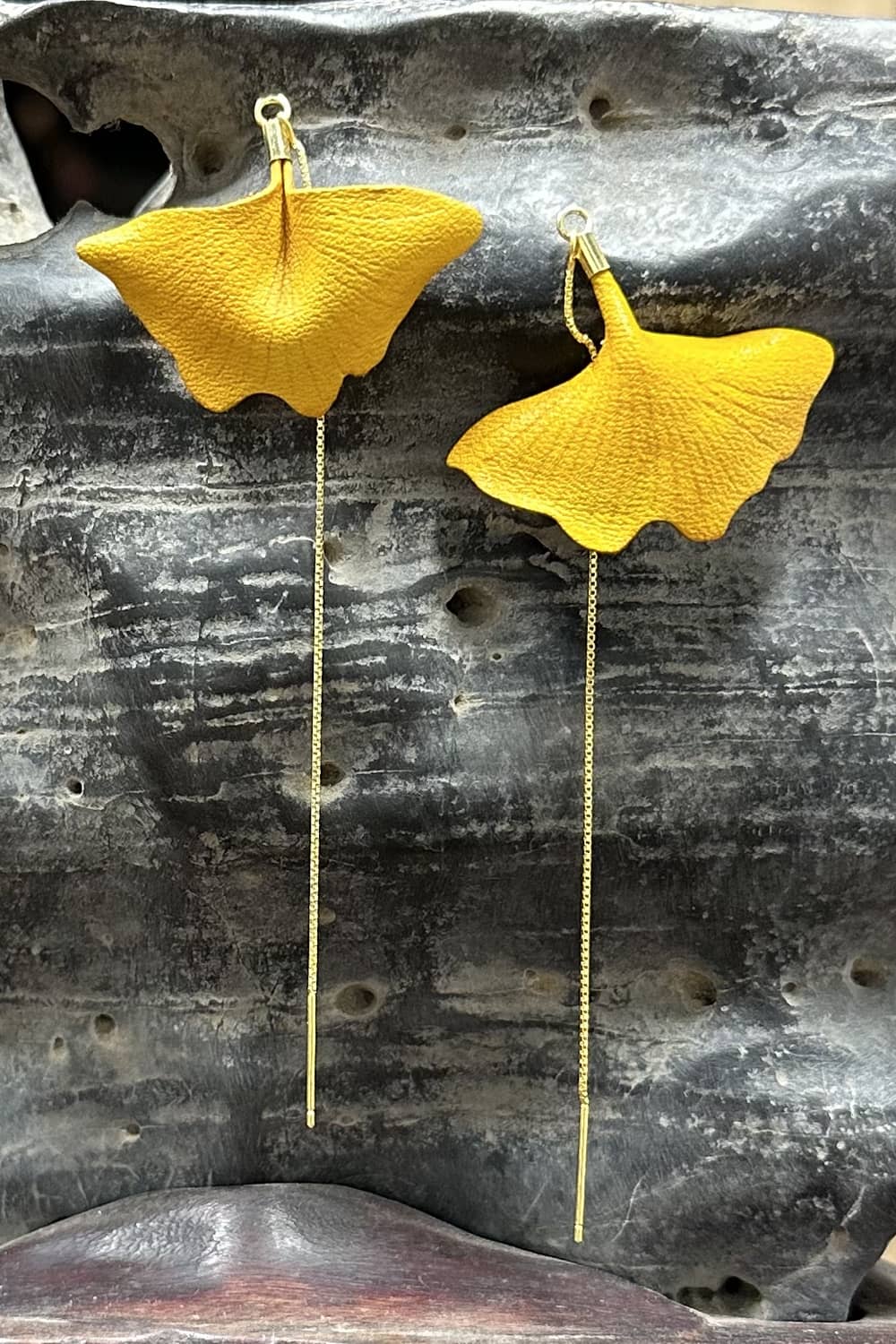 Ginkgo Leaf Leather Thread-Thru Earrings