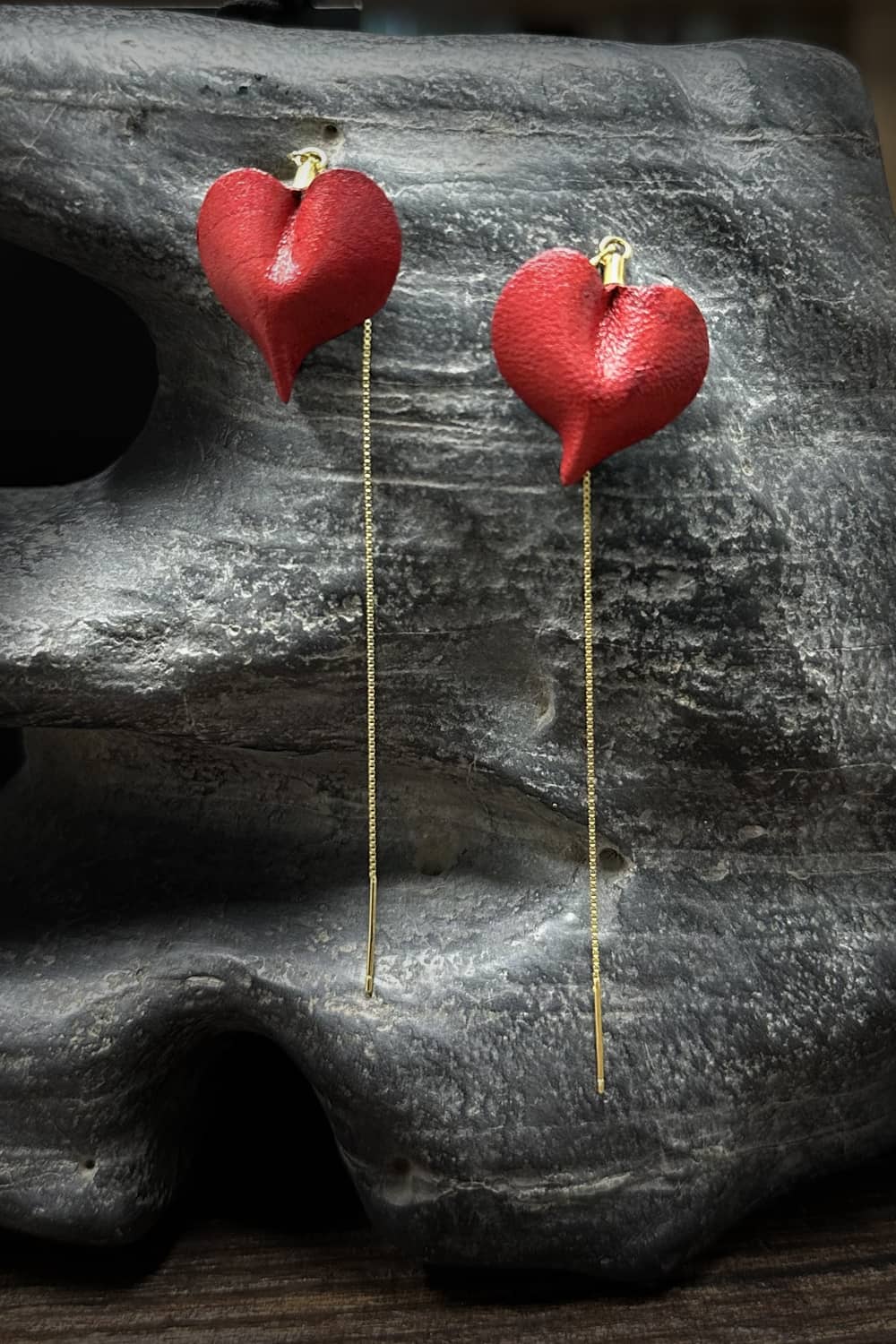 Handmade Heart-Shaped Leather Thread-Thru Earrings