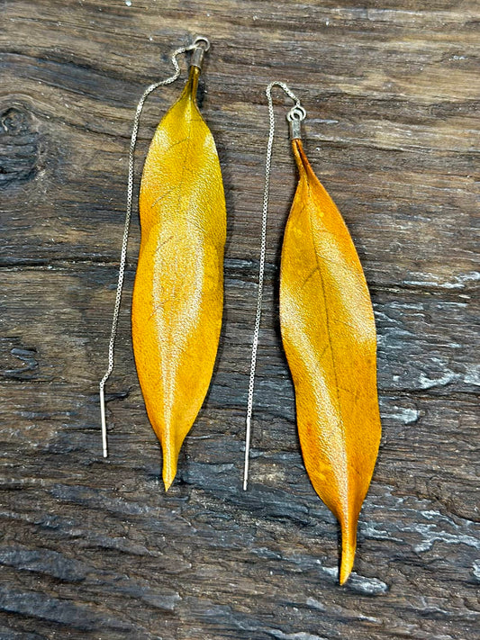 Handmade Willow Leaves Leather Thread-Thru Earrings - Yellow