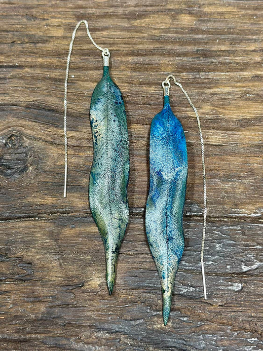 Handmade Willow Leaves Leather Thread-Thru Earrings - Blue