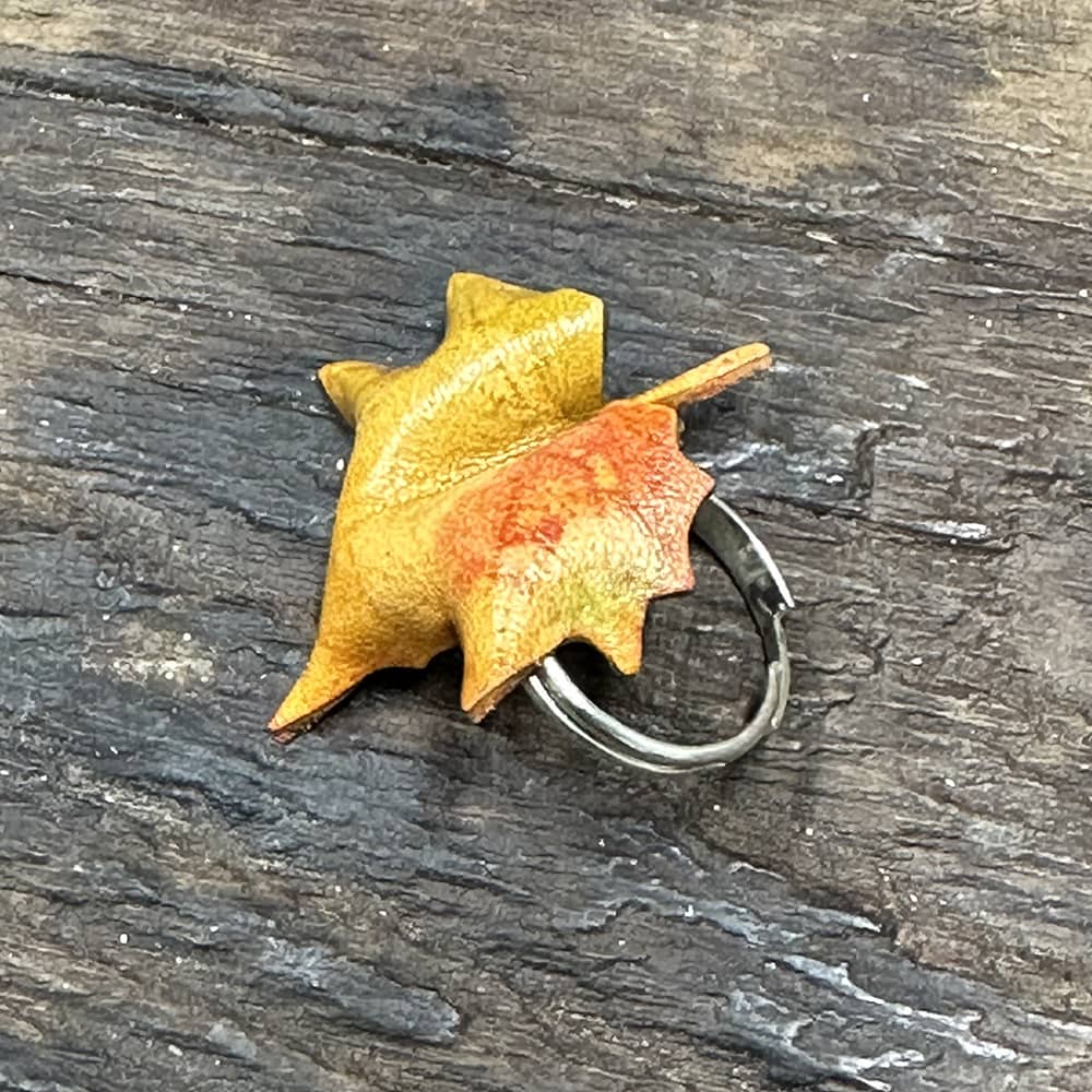 Handmade leather sycamore leaf ring