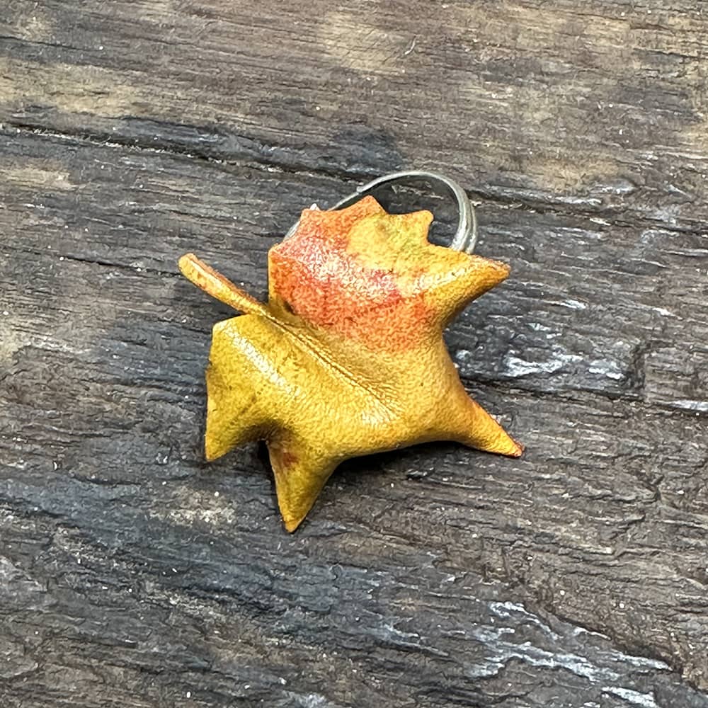 Handmade leather sycamore leaf ring