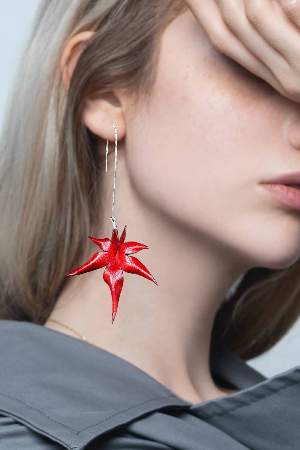 Hand-Dyed Red Maple Leaf Handmade Leather Thread-Thru Earrings