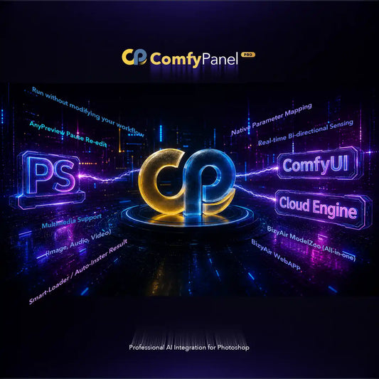ComfyPanel logo with related terms on a dark background